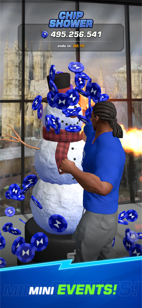 Power Slap - Un personnage joueur frappant un bonhomme de neige pour gagner des pièces lors d'un mini-événement "Chip Shower" dans le jeu mobile Power Slap.