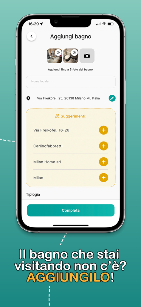 Where is the toilet - User interface for adding a new bathroom location with photos and address suggestions
