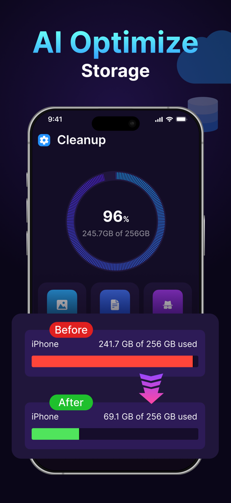Cleanup Guru app dashboard showing a before and after comparison of iPhone storage optimization with AI.