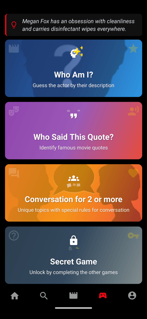 MisPelis - MyMovies - Interface of MisPelis app showing movie trivia games like Who Am I and Who Said This Quote.