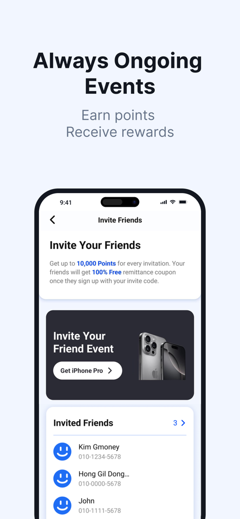 GmoneyTrans app screen for inviting friends to earn points and rewards like an iPhone Pro