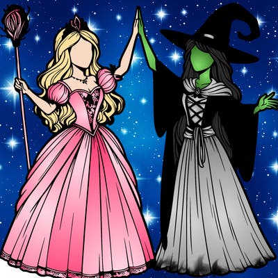 detailed realistic split of a princess and a witch