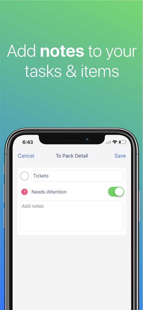 Interface of the Packing List Checklist app showing how to add custom notes and attention tags to travel items.