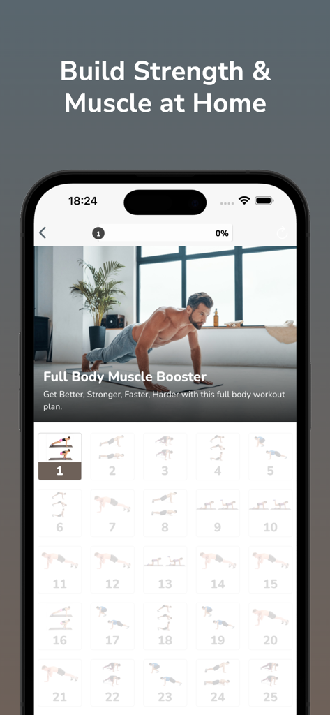 A smartphone showing the Strength Training Bodyweight app interface with a full body muscle booster workout and exercise icons