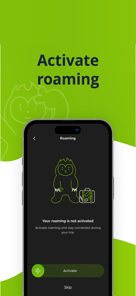 Ucom mobile app interface for activating international roaming services