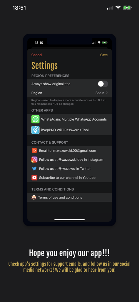 Movie Premieres - Écran des paramètres de l'application Avant-premières de films montrant les préférences régionales et les liens de contact sur les réseaux sociaux