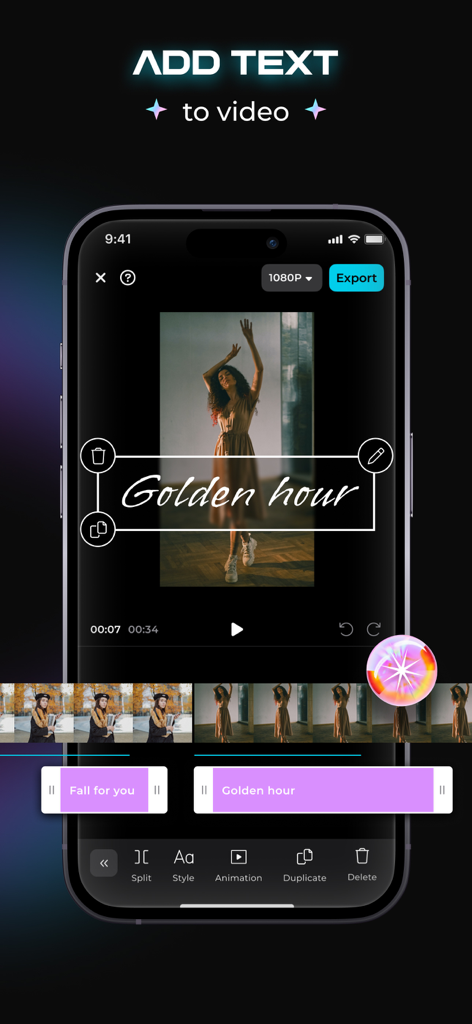 Add Music to Video - Muvi - Interface de l'application Muvi montrant comment ajouter et styliser du texte esthétique sur une vidéo