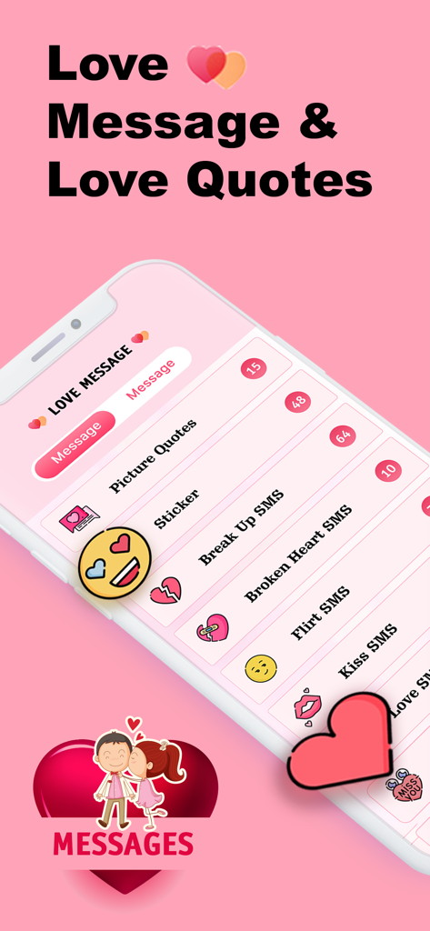Love Messages and Quotes - Interface of Love Messages and Quotes app displaying categories like Picture Quotes, Break Up SMS, and Flirt SMS on a pink background.