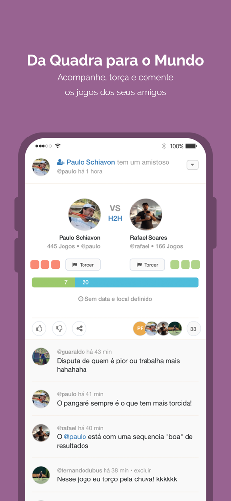 LetzPlay.me - LetzPlay app interface showing a social feed with match statistics and user comments for a friendly game