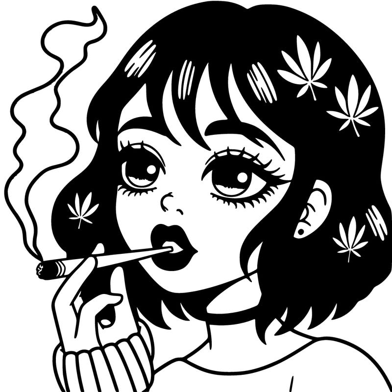 a girl with black hair and green eyes smoking a joint