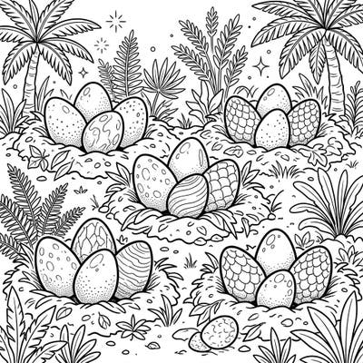 Embark on an exciting prehistoric adventure with this fun dinosaur egg nests coloring page designed especially for kids! Unleash your creativity as you bring these fascinating fossilized eggs and lush jungle plants to life with your favorite colors.