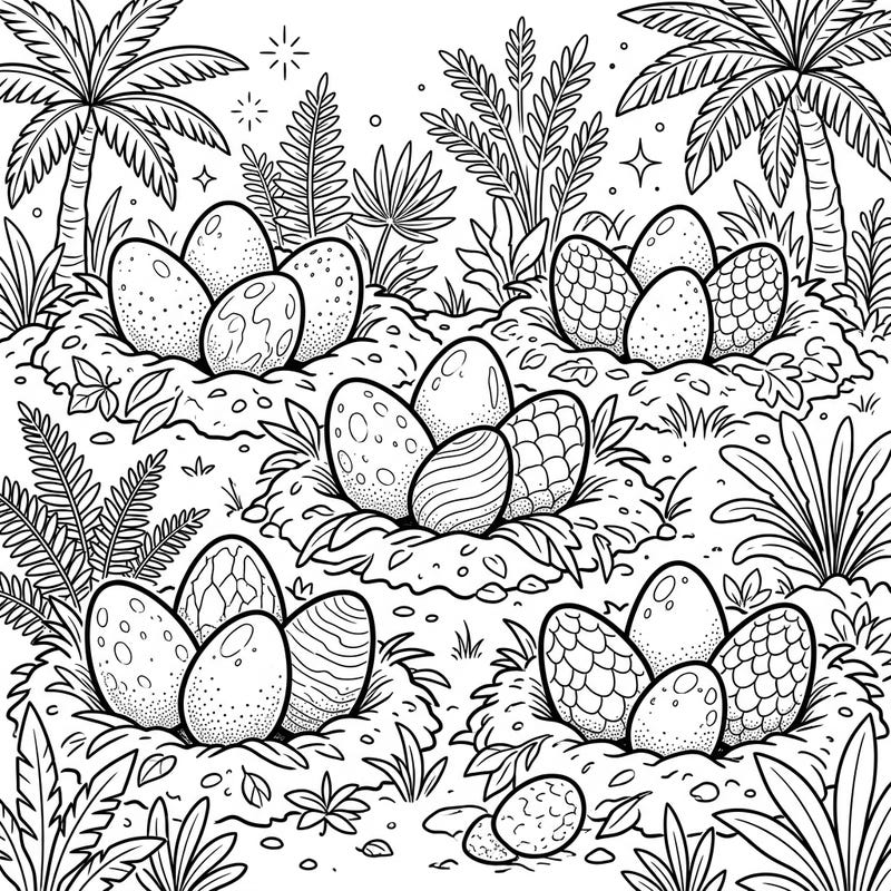 Embark on an exciting prehistoric adventure with this fun dinosaur egg nests coloring page designed especially for kids! Unleash your creativity as you bring these fascinating fossilized eggs and lush jungle plants to life with your favorite colors.