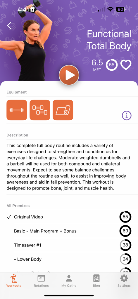 Cathe OnDemand - Workout detail screen for Functional Total Body in the Cathe OnDemand app showing equipment requirements and video premixes.