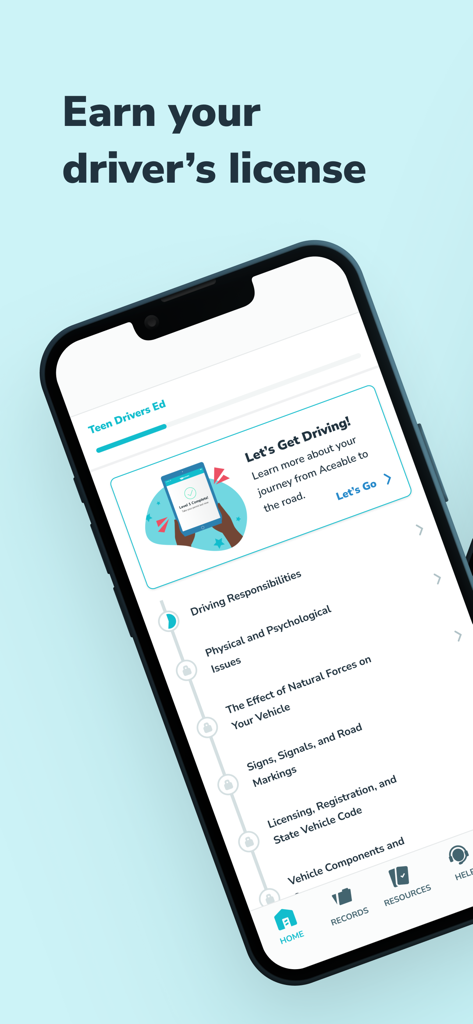 Aceable App-Screenshot, der den Lehrplan und die Kursmodule für die Führerscheinausbildung von Teenagern zeigt