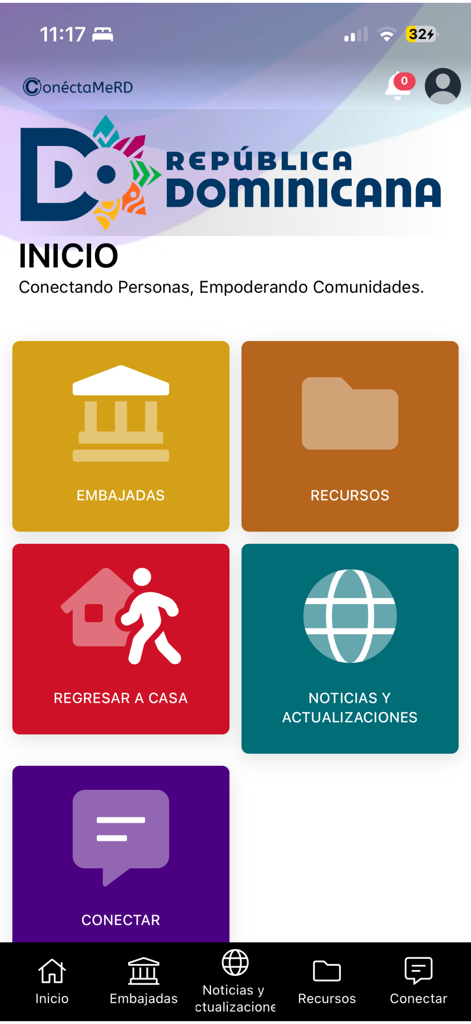 ConnectMeRD - Home screen of the ConnectMeRD app featuring a menu with options for embassies, resources, news, and community connection.