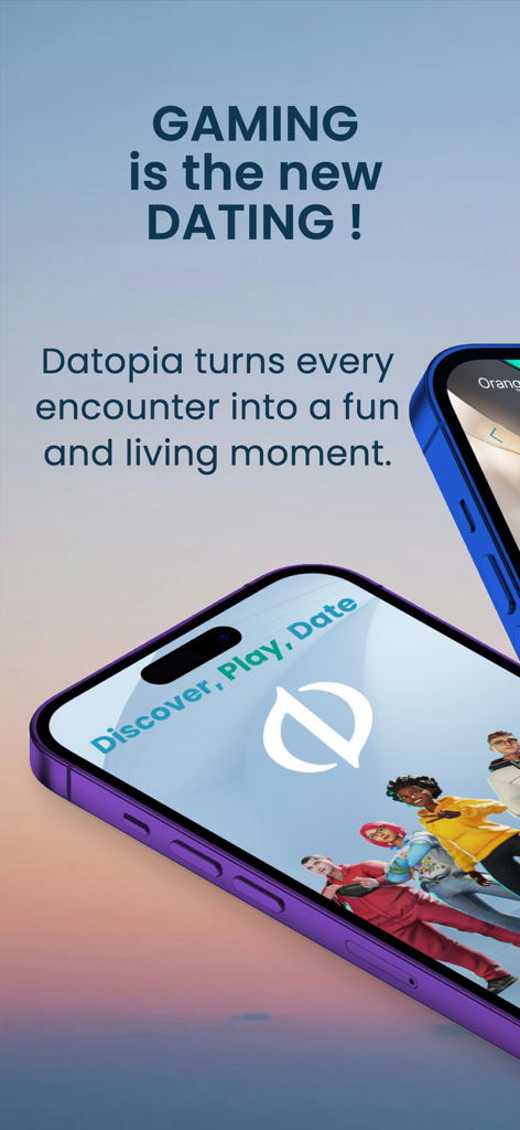Datopia Dating App Play & Date - Pantalla promocional de la app de citas Datopia con avatares y el texto Gaming is the new Dating