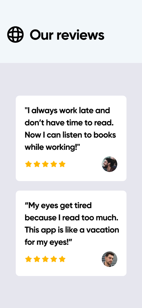 Voice Aloud Reader - Five star customer testimonials for the Voice Aloud Reader app