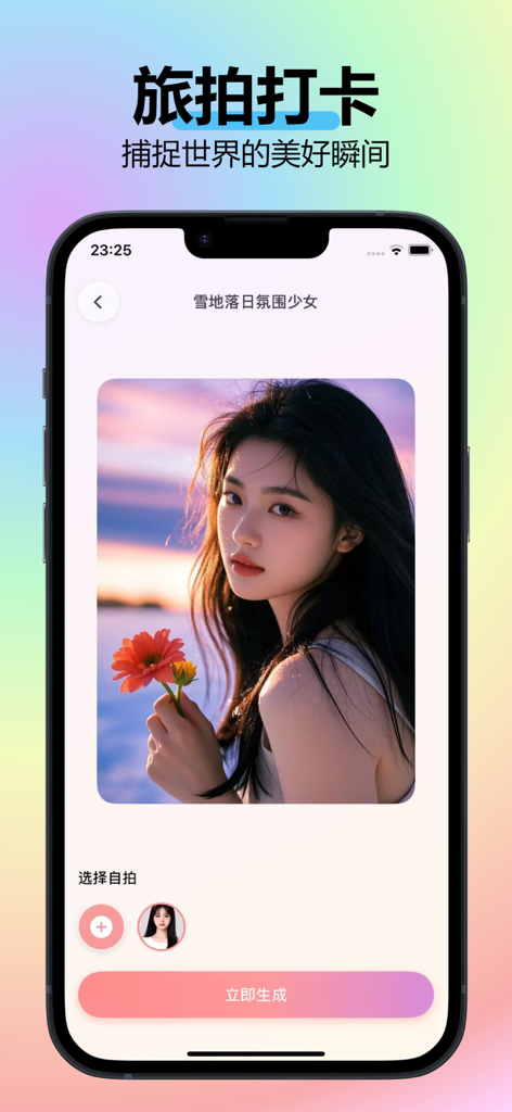 即拍 - 换脸换装软件 - A smartphone interface of the Ji Pai app showing a professional AI travel portrait of a woman at sunset