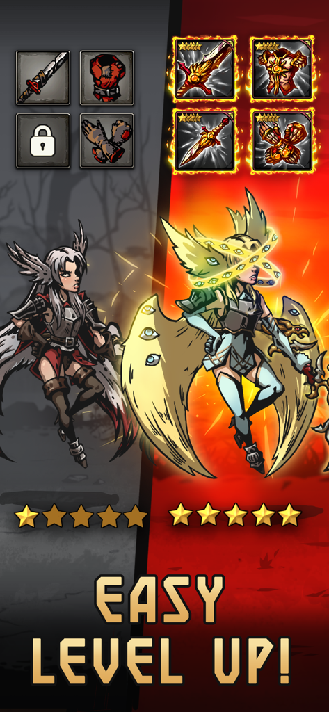 Darkest AFK: IDLE RPG Arena - Hero character upgrade comparison from basic to epic gear