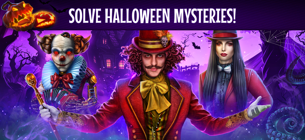 Spooky circus characters and jack-o-lanterns with text Solve Halloween Mysteries