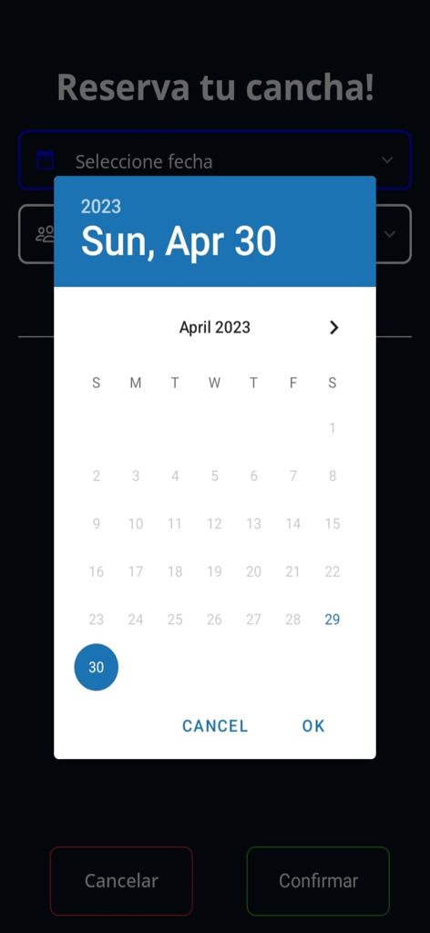 Pantalla de selección de fecha del calendario para reservar una cancha de tenis