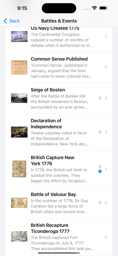 Revolutionary War - A list of historical battles and events from the American Revolution within the app
