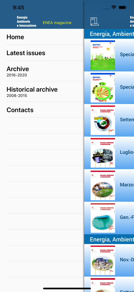 ENEA EAI app screen displaying the side menu and magazine archive list