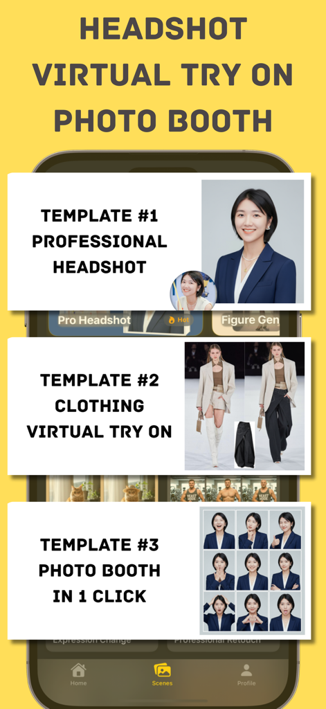 Pics AI app interface showing professional headshot virtual clothing try on and photo booth features