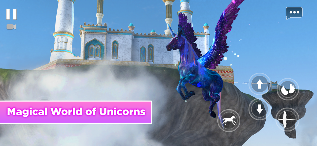 Flying Unicorn Simulator 2024 - A galaxy unicorn flying in a magical sky near a white fantasy castle