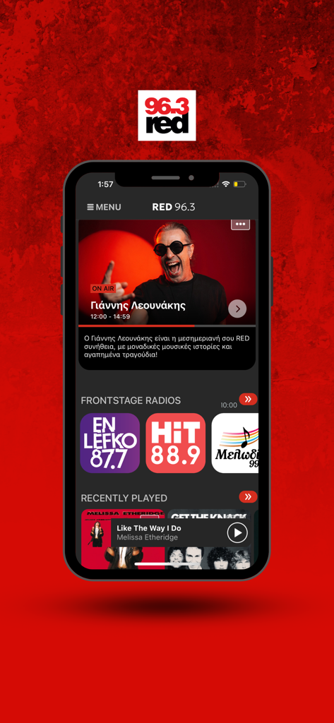 RED 96.3 - Main screen of RED 96.3 radio app featuring on air DJ and recently played rock tracks