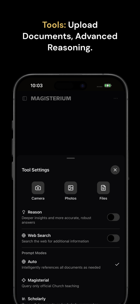 Interface of Magisterium AI showing tool settings for document uploads and advanced reasoning modes.