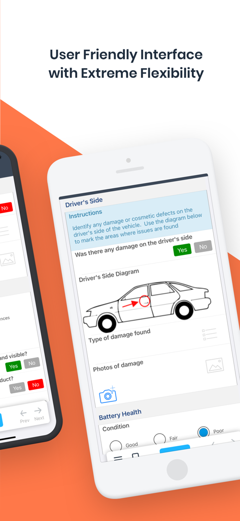 FastField Mobile Forms - Mobile app interface of FastField showing a vehicle inspection form with a car diagram and damage reporting options