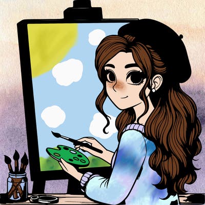 realistic girl artist painting a blank canvas