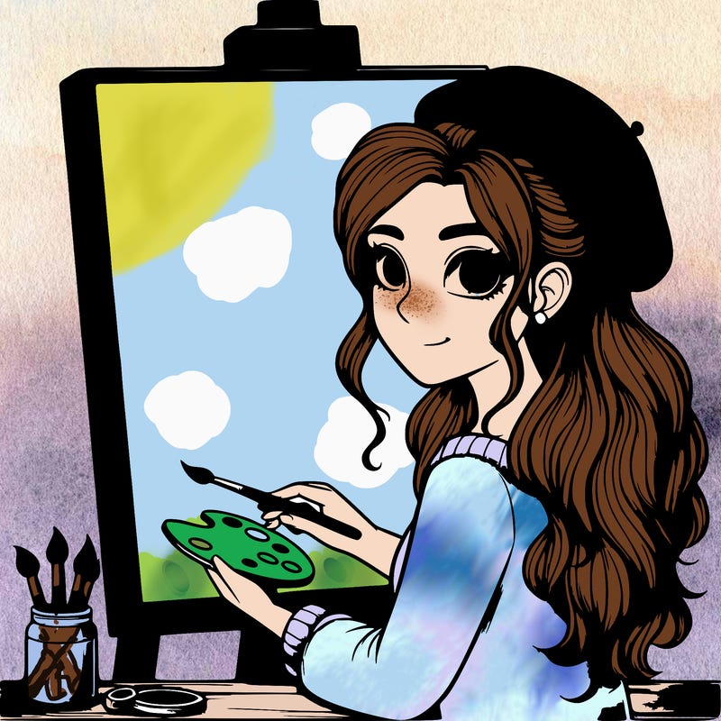 realistic girl artist painting a blank canvas