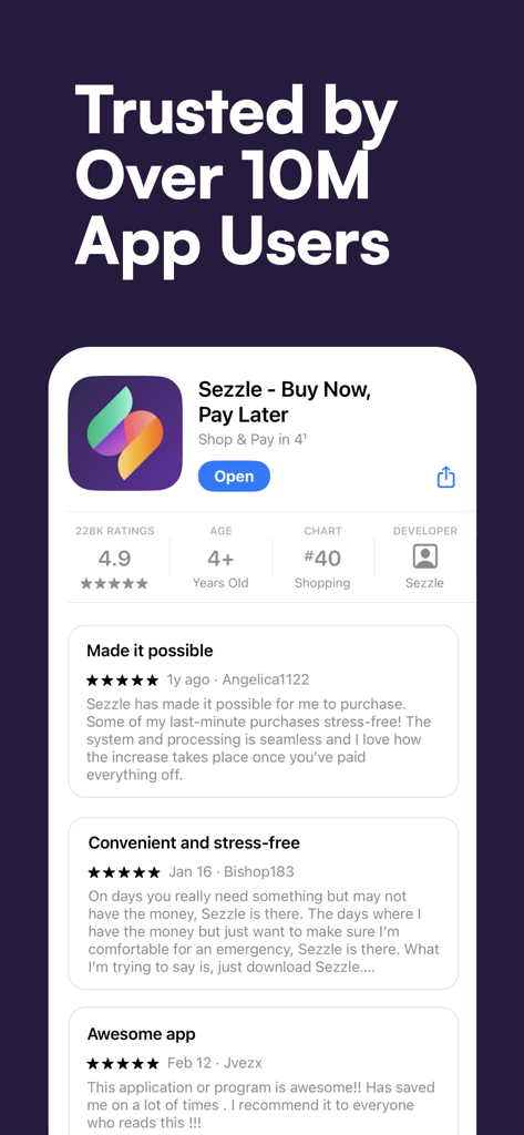 Sezzle - Buy Now, Pay Later - Interface de l’application Sezzle montrant plus de 10 millions d’utilisateurs et des avis clients positifs avec une note de 4,9 étoiles.
