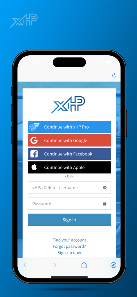 Login screen for xHP Flashtool app showing sign-in options including Google Facebook and Apple