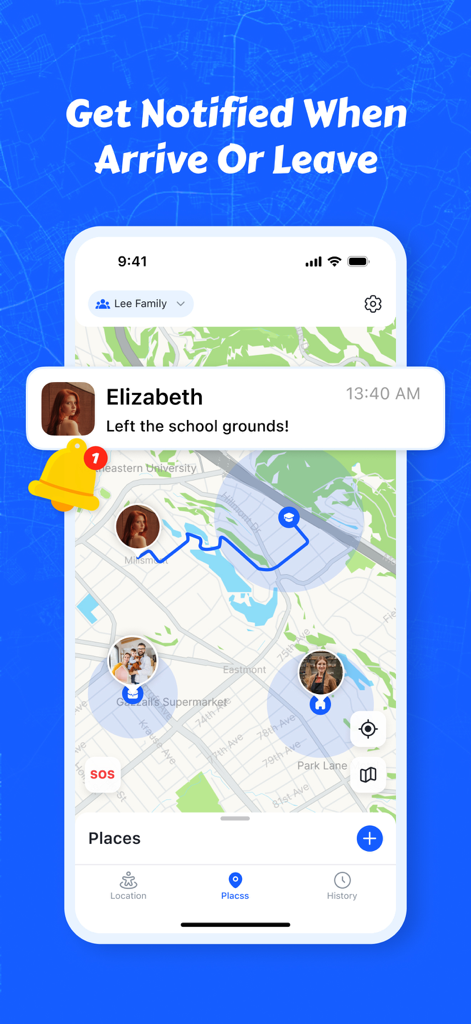 Interface de um smartphone mostrando um mapa em tempo real com um alerta de notificação de que um membro da família saiu das dependências da escola