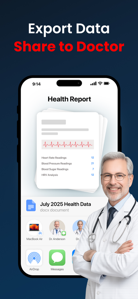 BPCare AI: Smart Heart Health+ - BPCare AI app interface showing a detailed health report with sharing options to send medical data to a doctor via message or AirDrop.