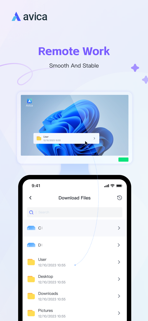 Avica Remote Desktop - Avica app interface showing remote file download and desktop access from a smartphone