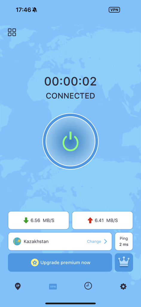 Screenshot of VPN Kazakhstan app showing a connected status to a Kazakhstan server with data speeds