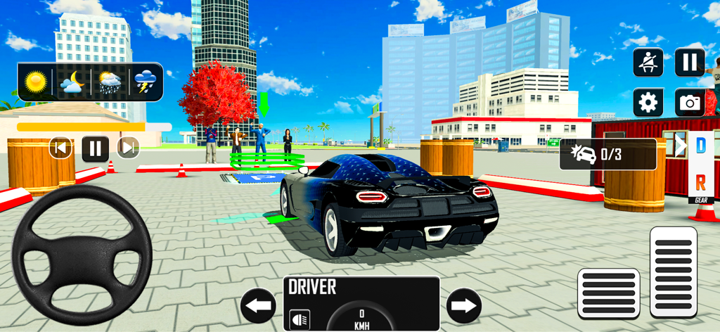 Driving Academy Car Game - Captura de tela da jogabilidade do Jogo de Carro da Autoescola mostrando um carro esportivo preto em uma simulação de estacionamento na cidade com controles de direção na tela.
