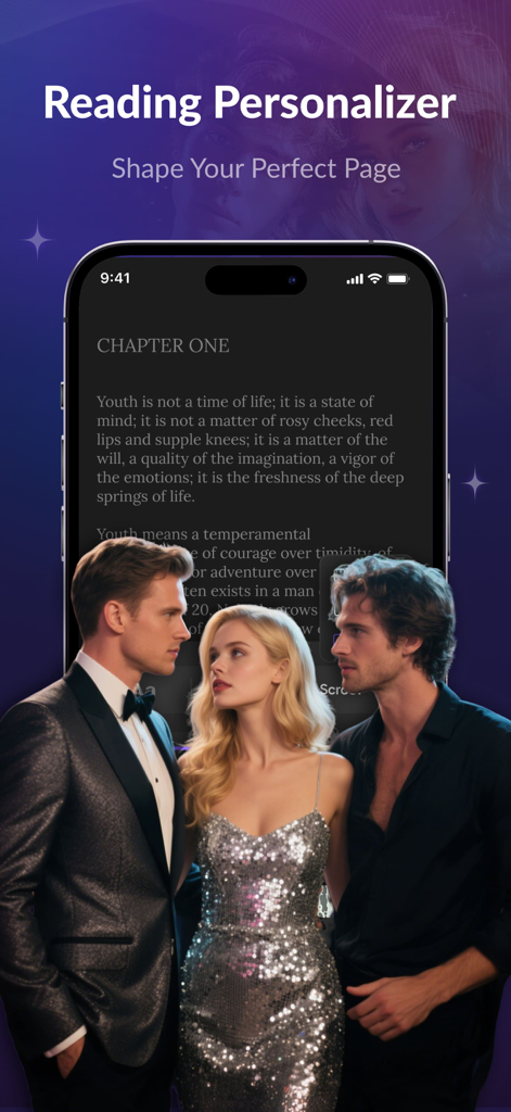 A screenshot of the NetFic app showing the reading personalizer feature with dark mode text and romance novel characters.