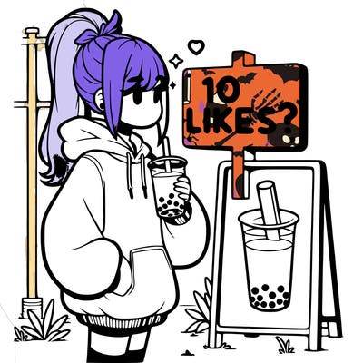 girl with oversized hoodie drinking boba and she has a high ponytail with a sign that says 10likes?