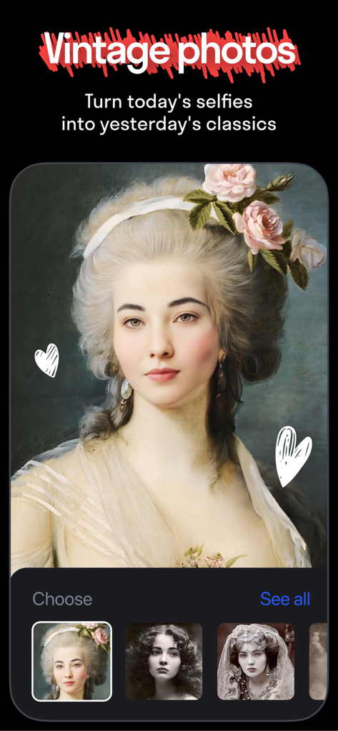 Reface: Face Swap AI Photo App - Reface app screen showing an AI face swap onto a vintage oil painting portrait.
