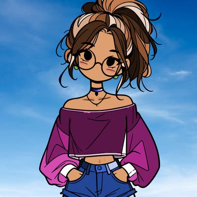 girl with a messy ponytail glasses a baggy crop top and jean shorts