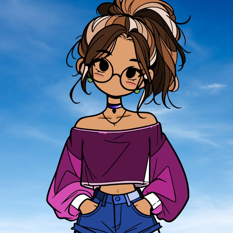 girl with a messy ponytail glasses a baggy crop top and jean shorts
