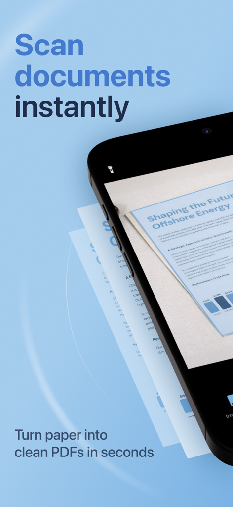 Scanner : PDF Scanner. - Smartphone app interface showing a document being scanned into a PDF