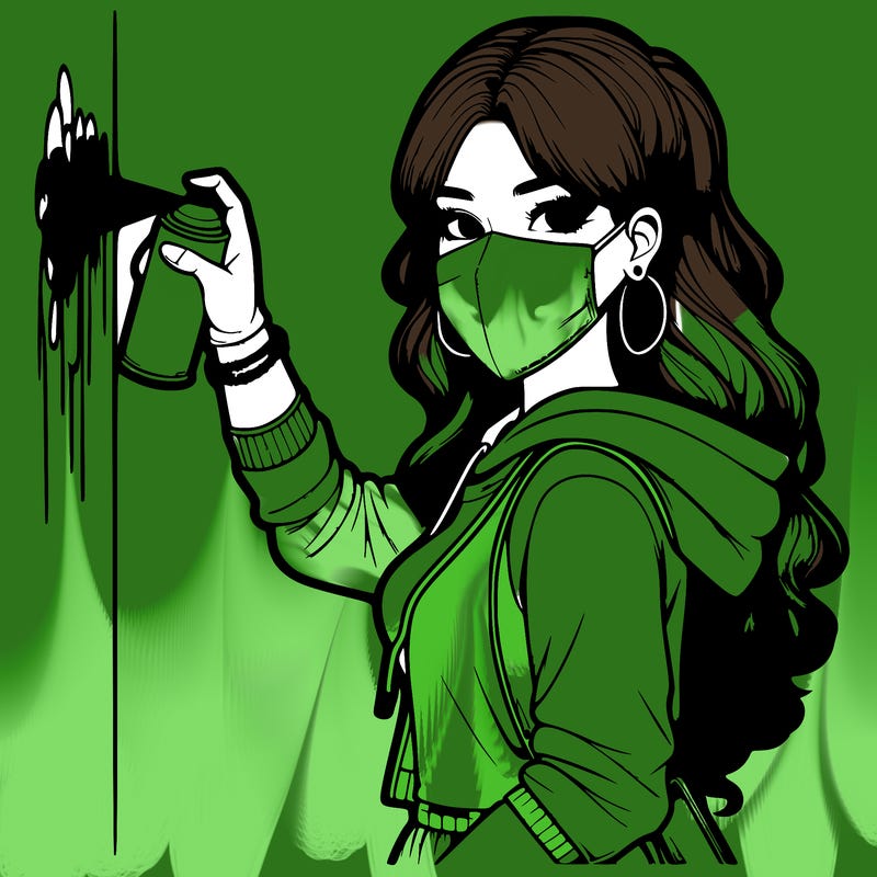 realistic girl with mask spray painting a wall