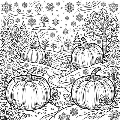 Immerse yourself in the tranquil beauty of winter with this unique coloring page featuring pumpkins nestled in a snowy wonderland. Designed with seniors in mind, it offers clear lines and comforting imagery for a delightful artistic experience.