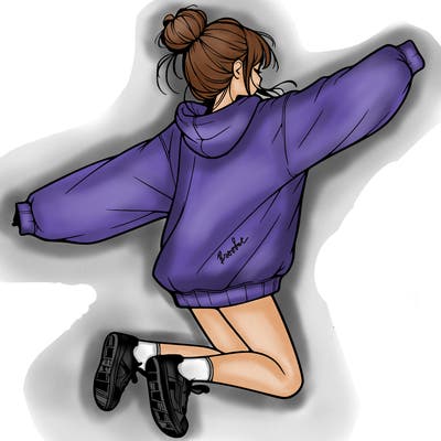 realistic girl jumping with a bun and oversized sweatshirt